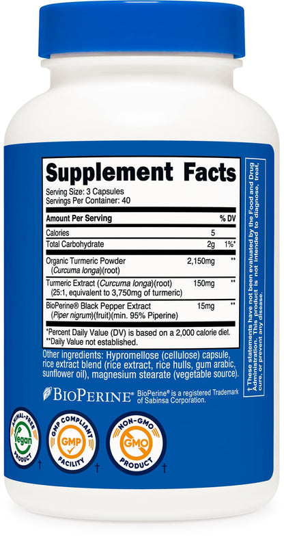 Close-up of Nutricost dietary supplement bottle showcasing the 95 percent curcuminoids content.