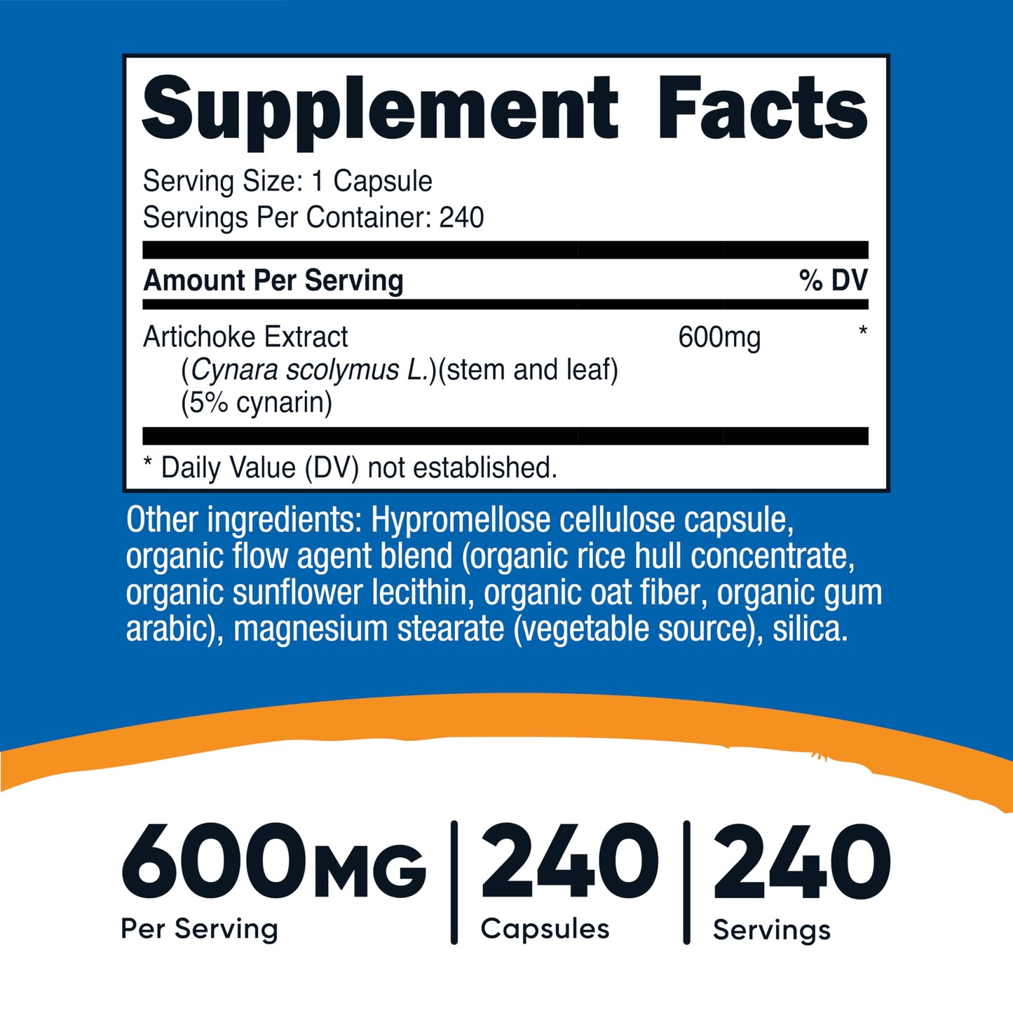 Nutricost Artichoke Extract 240 vegetarian capsules supplement facts and ingredient label