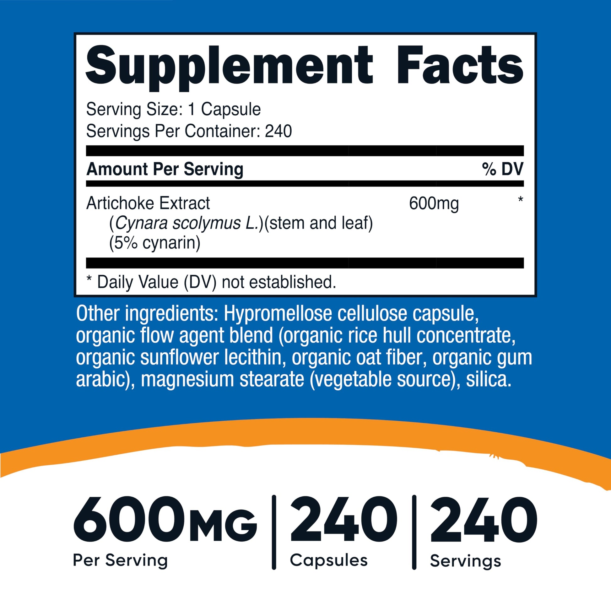 Nutricost Artichoke Extract 240 vegetarian capsules supplement facts and ingredient label