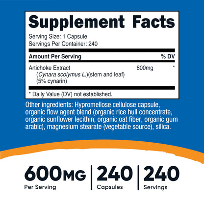 Nutricost Artichoke Extract 240 vegetarian capsules supplement facts and ingredient label
