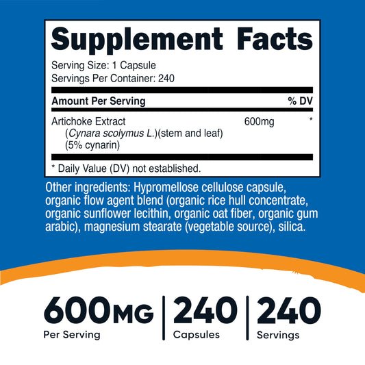 Nutricost Artichoke Extract 240 vegetarian capsules supplement facts and ingredient label