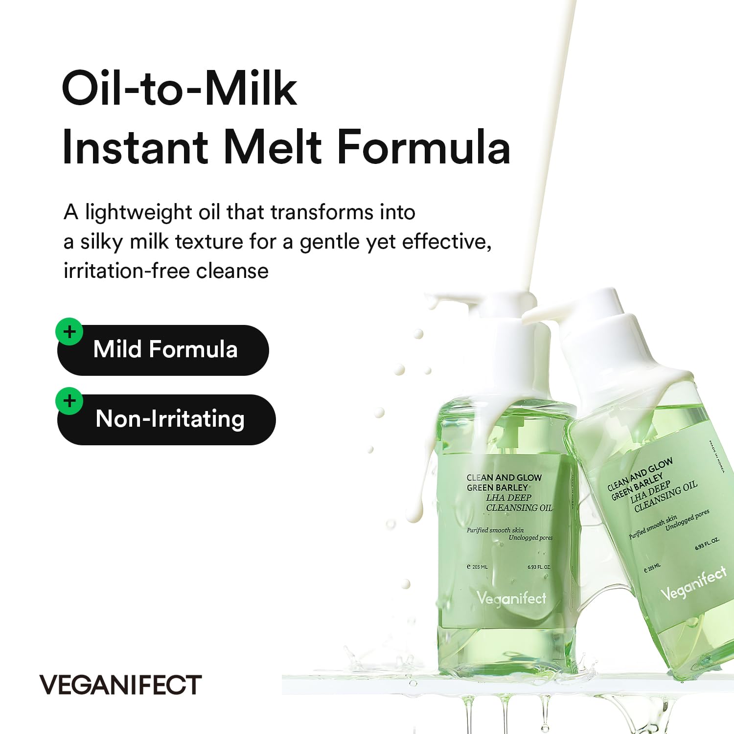 Veganifect LHA cleansing oil showing milky emulsion effect with water