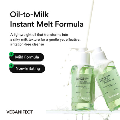 Veganifect LHA cleansing oil showing milky emulsion effect with water