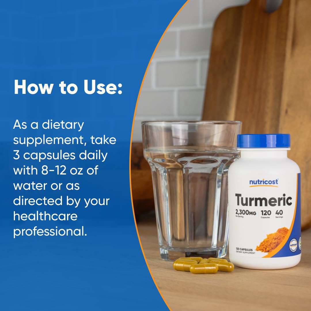 Nutricost Turmeric Curcumin capsules next to the bottle displaying capsule size and texture.