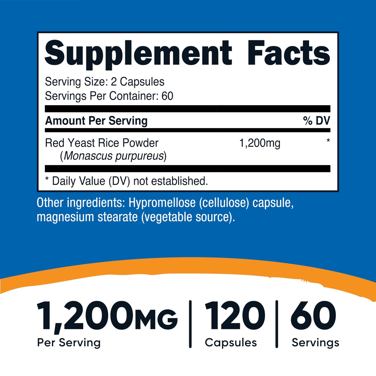 Nutricost red yeast rice dietary supplement 120 capsules label showcasing serving size and non-GMO logo.