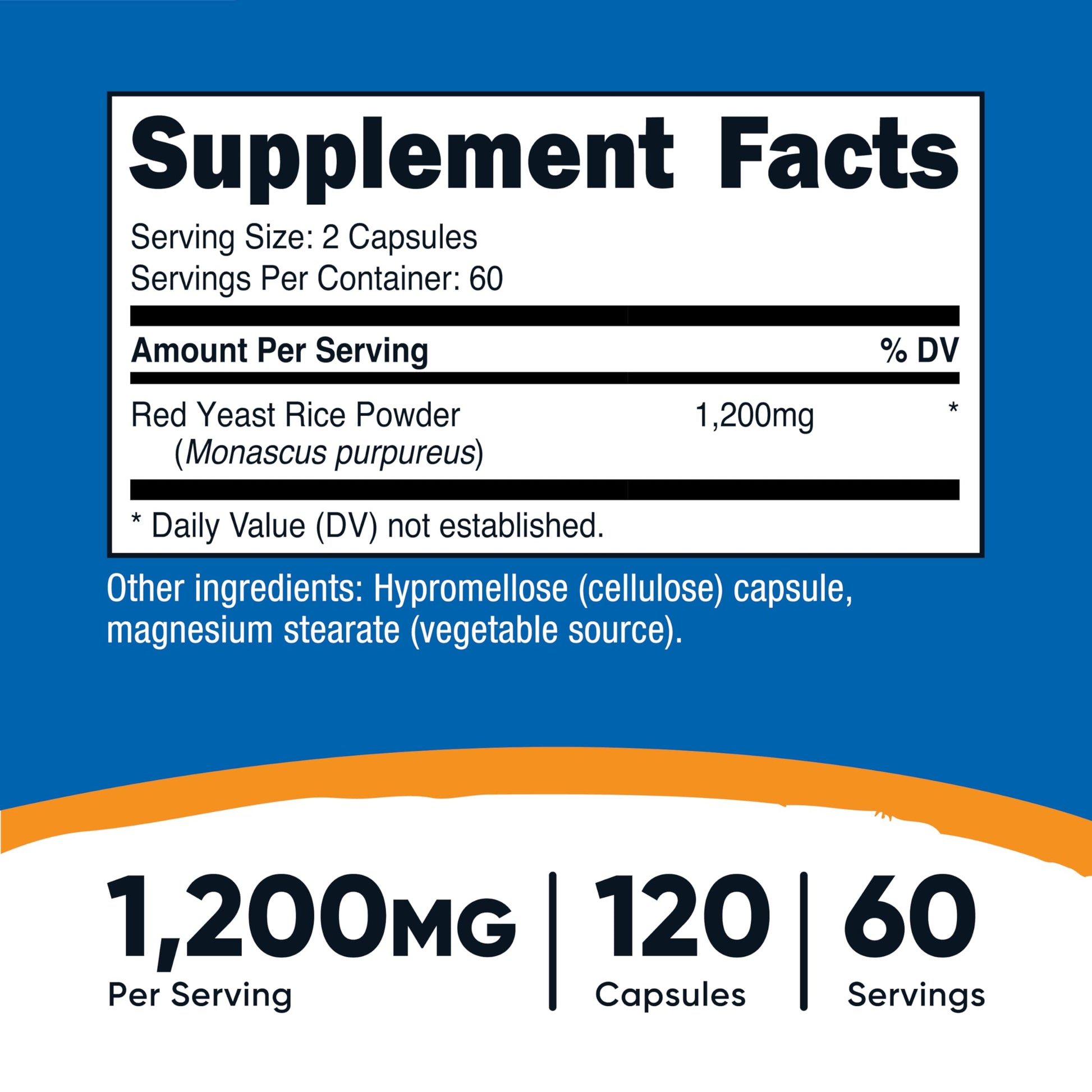 Nutricost red yeast rice dietary supplement 120 capsules label showcasing serving size and non-GMO logo.