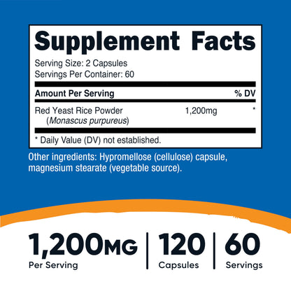 Nutricost red yeast rice dietary supplement 120 capsules label showcasing serving size and non-GMO logo.