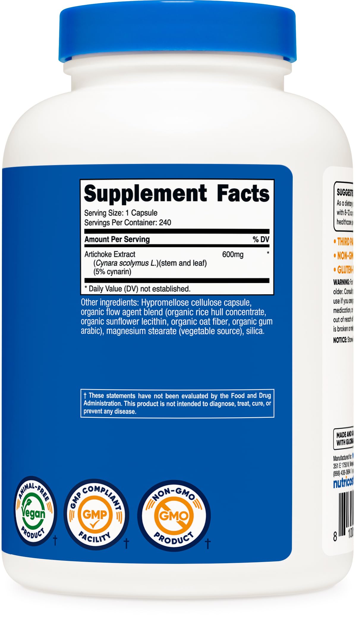 Nutricost Artichoke Extract 240 servings container layout showcasing premium USA quality