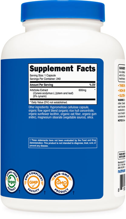 Nutricost Artichoke Extract 240 servings container layout showcasing premium USA quality