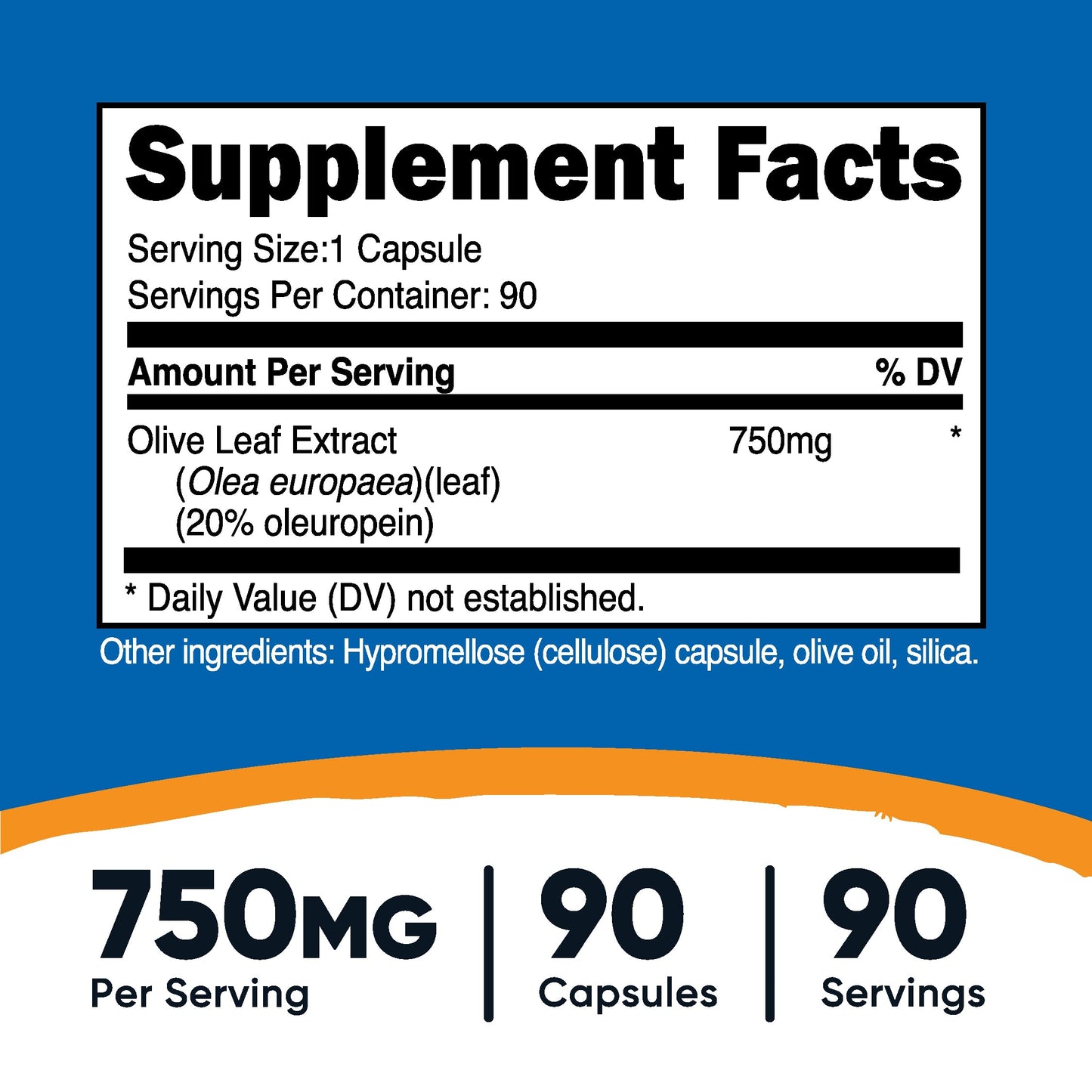 Nutricost Olive Leaf 20 percent Oleuropein supplement panel facts and ingredients
