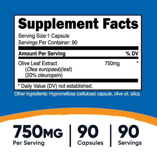 Nutricost Olive Leaf 20 percent Oleuropein supplement panel facts and ingredients