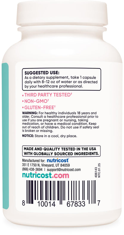 Nutricost DIM 400mg daily dietary supplement for female hormone regulation close up perspective