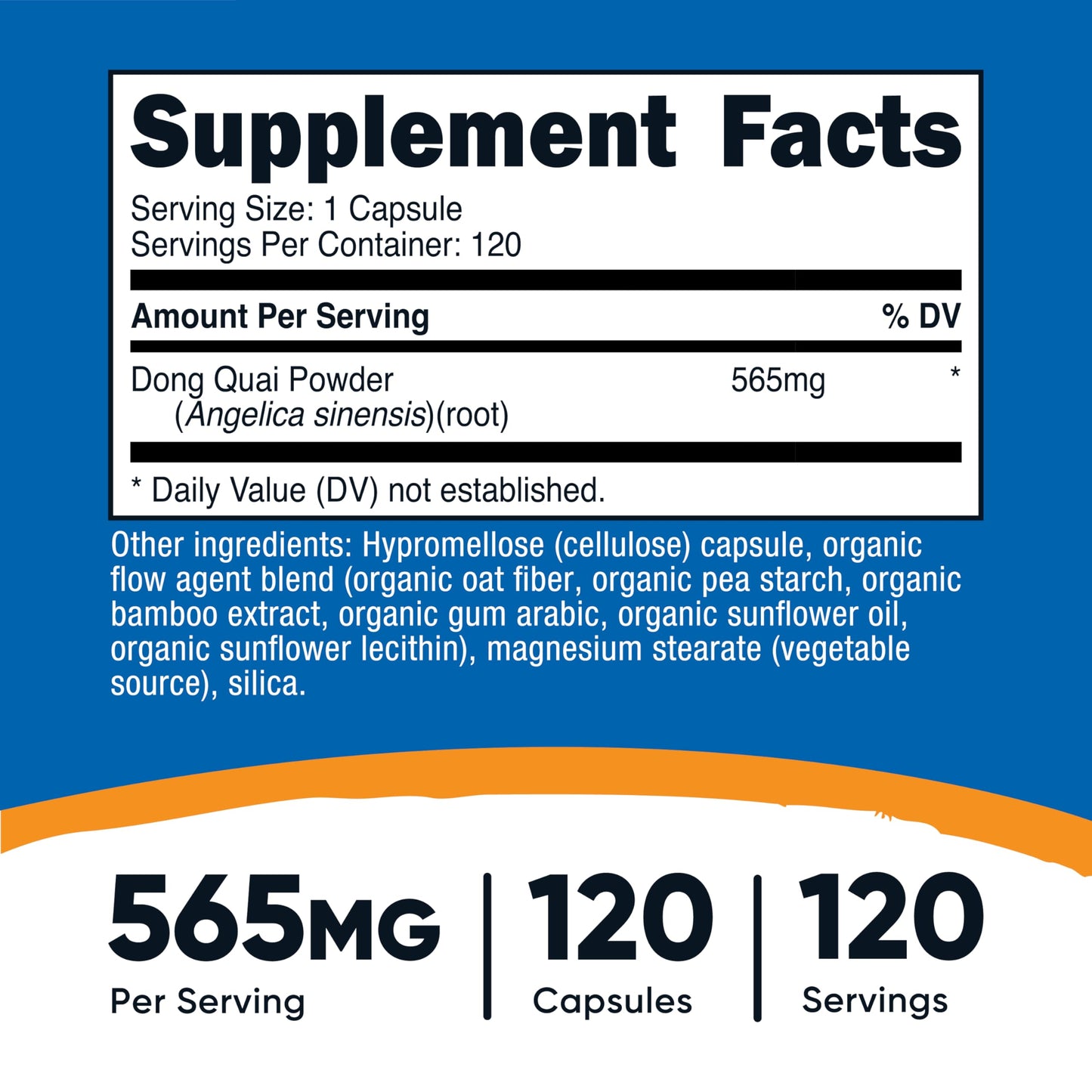 Nutricost Dong Quai 120 capsules nutritional facts label highlighting Angelica sinensis root ingredients