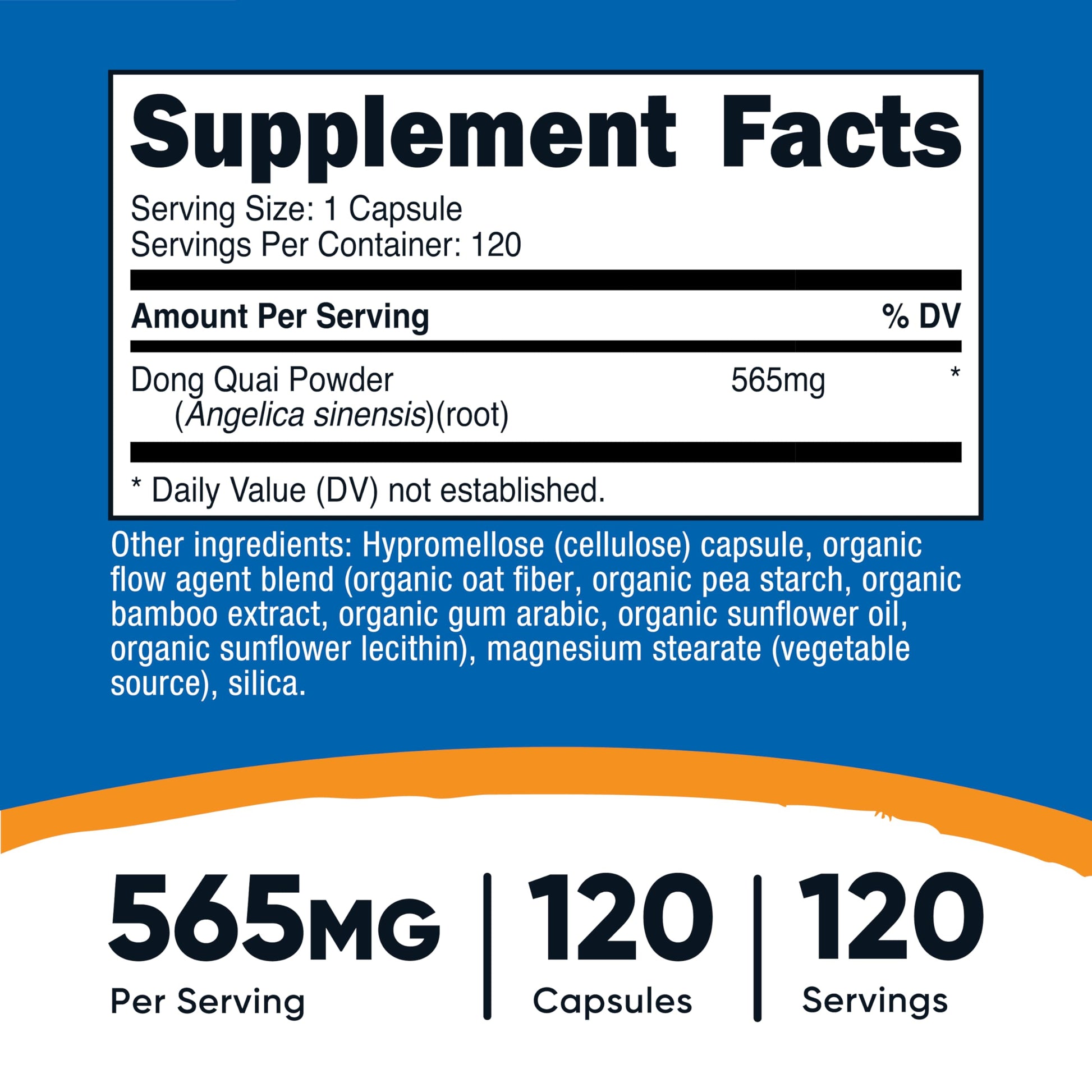 Nutricost Dong Quai 120 capsules nutritional facts label highlighting Angelica sinensis root ingredients