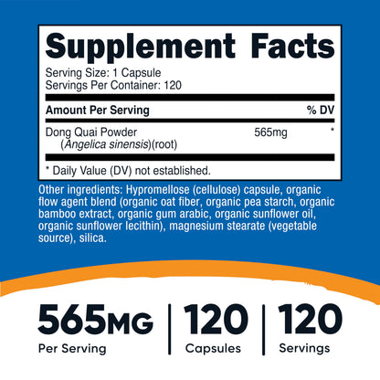 Nutricost Dong Quai 120 capsules nutritional facts label highlighting Angelica sinensis root ingredients