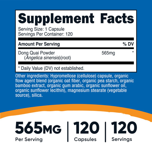 Nutricost Dong Quai 120 capsules nutritional facts label highlighting Angelica sinensis root ingredients