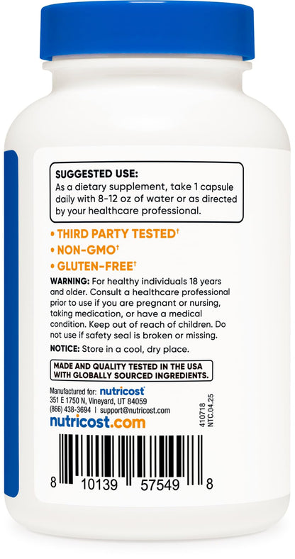 Side view of Nutricost Angelica sinensis root supplement bottle showing directions for female hormonal support