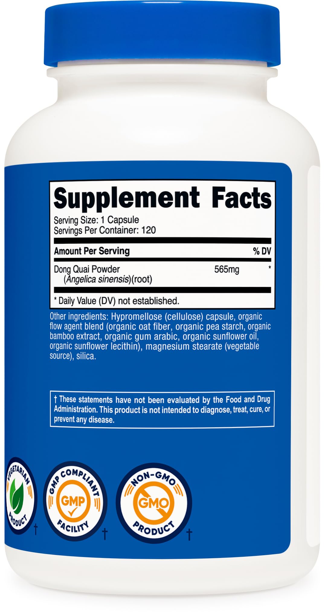 Nutricost Dong Quai 565mg vegetarian capsules packaging illustrating authentic USA imported women health product