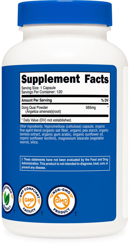 Nutricost Dong Quai 565mg vegetarian capsules packaging illustrating authentic USA imported women health product