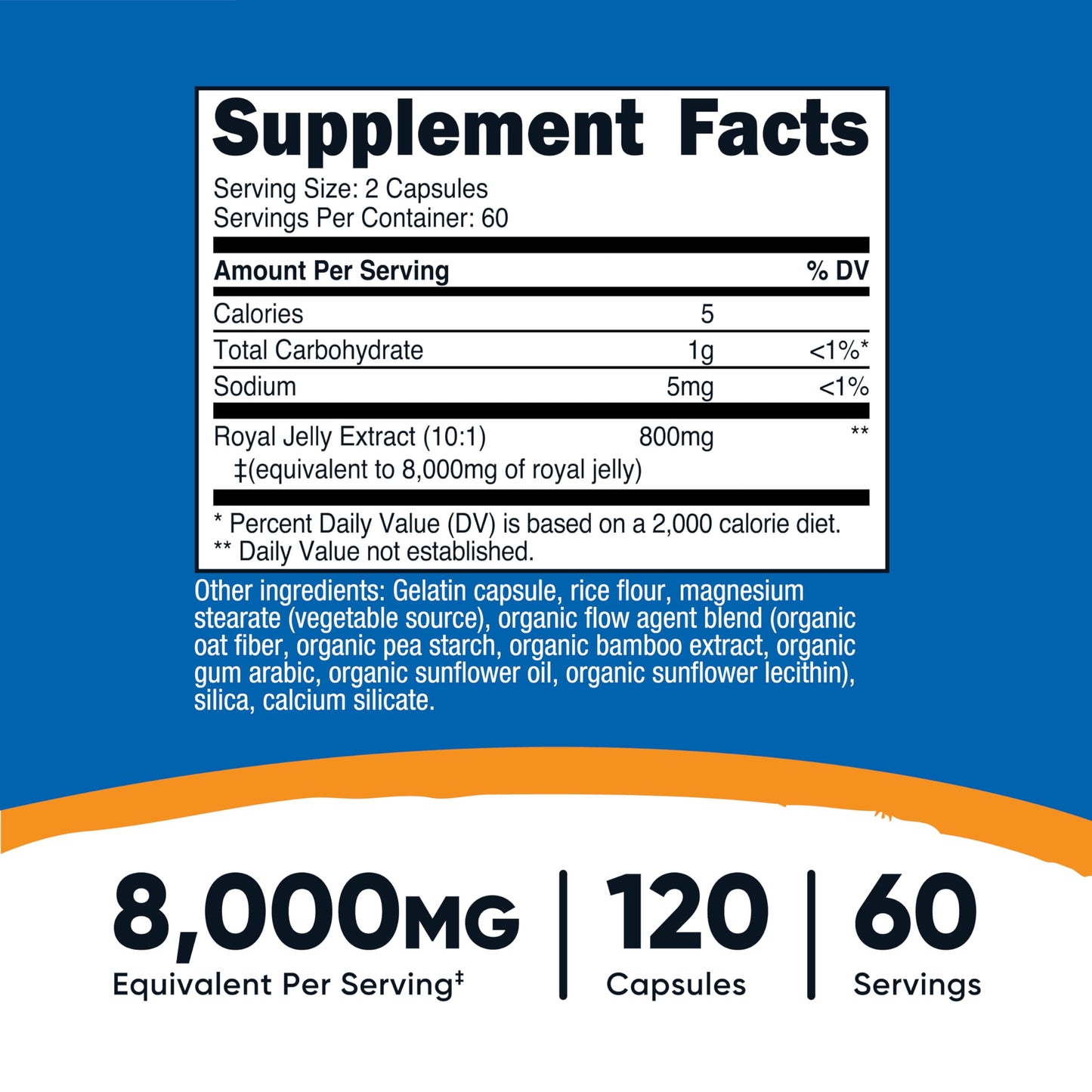 Nutricost Royal Jelly eight thousand milligrams equivalent supplement facts and ingredients label