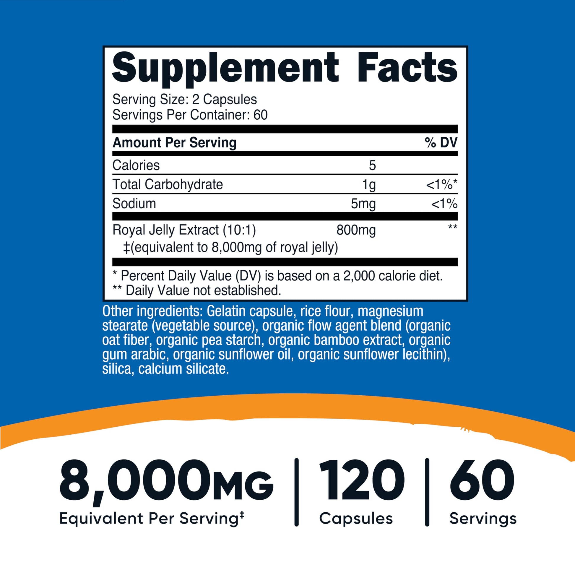 Nutricost Royal Jelly eight thousand milligrams equivalent supplement facts and ingredients label
