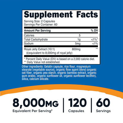 Nutricost Royal Jelly eight thousand milligrams equivalent supplement facts and ingredients label