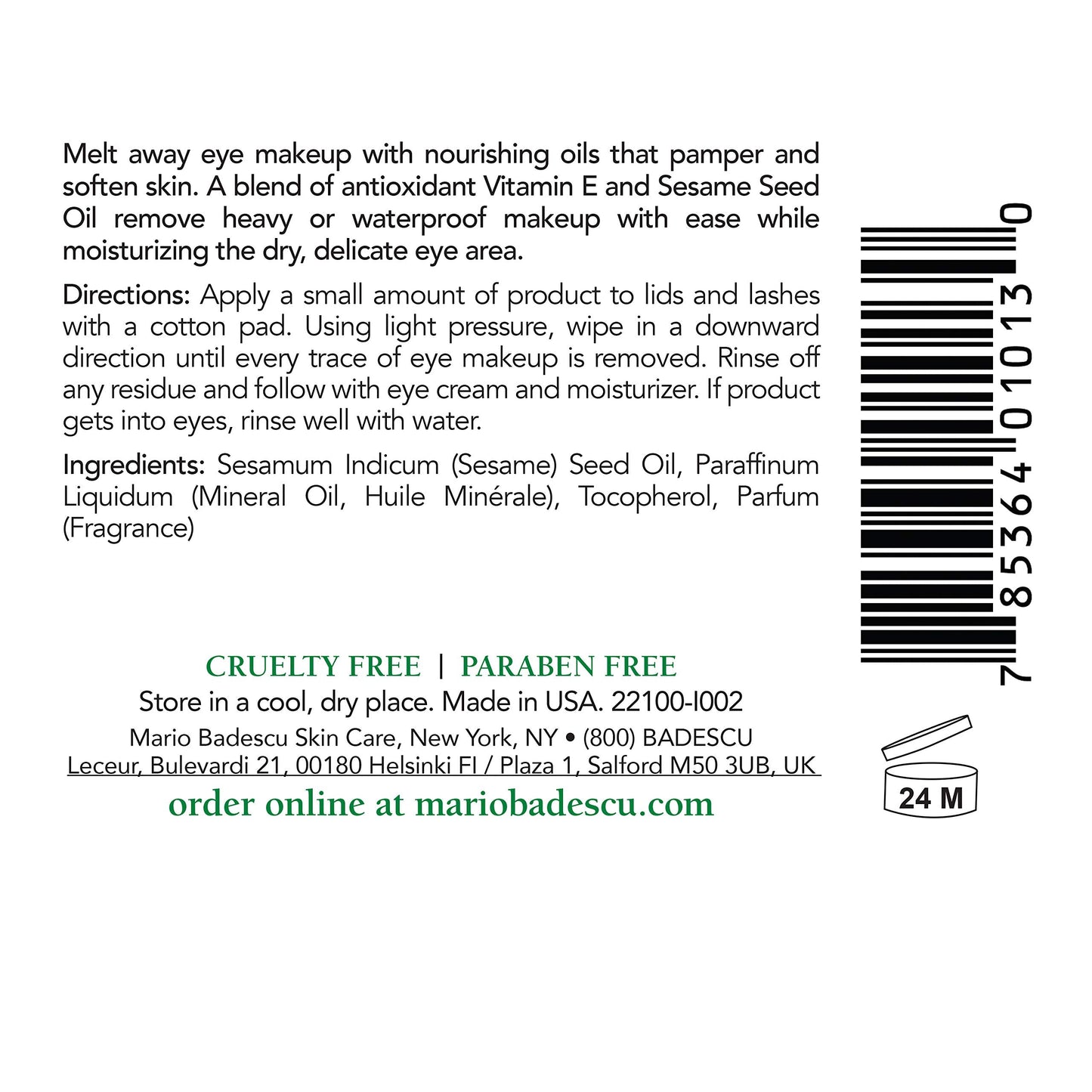 Close up of Mario Badescu makeup remover oil packaging