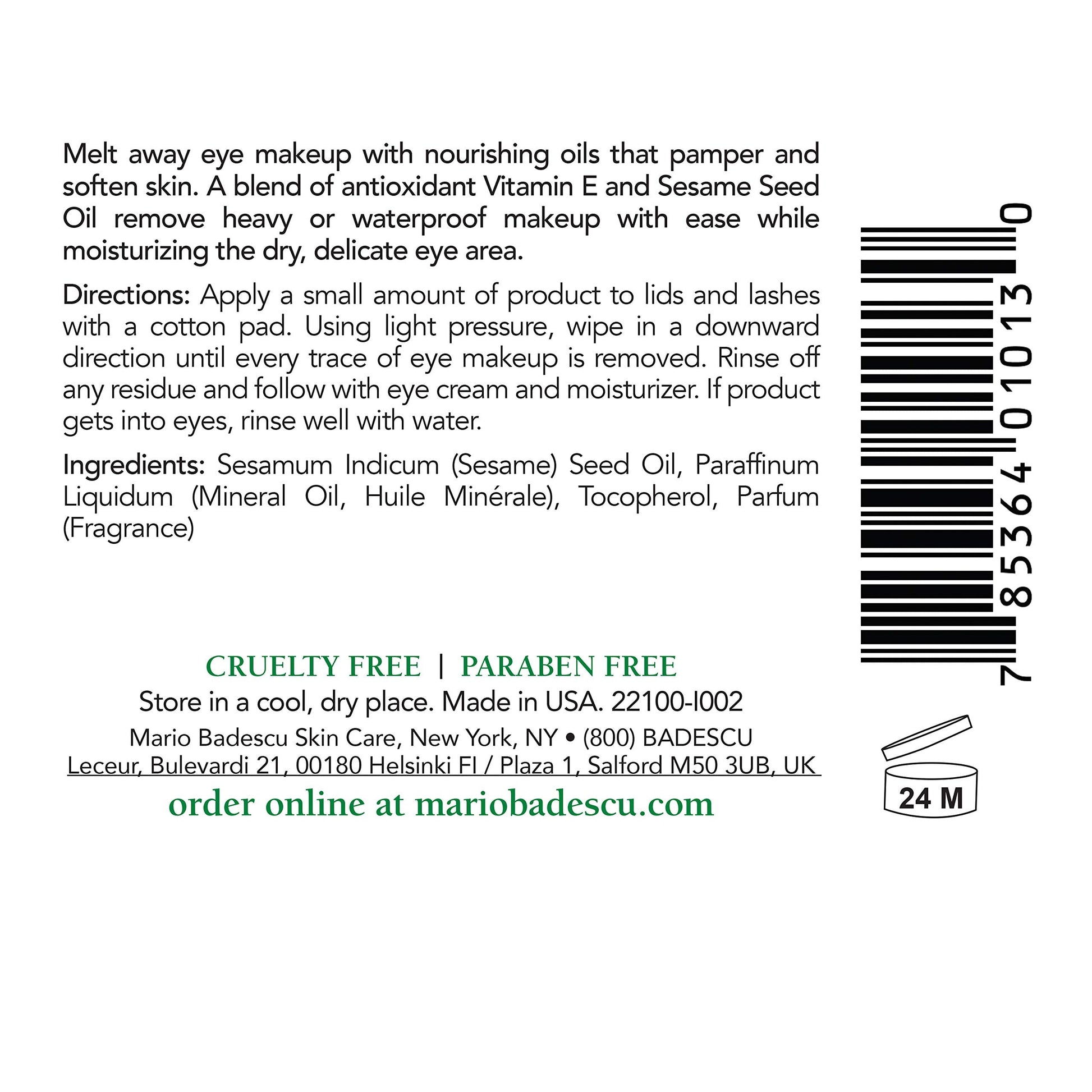 Close up of Mario Badescu makeup remover oil packaging