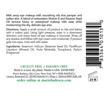 Close up of Mario Badescu makeup remover oil packaging