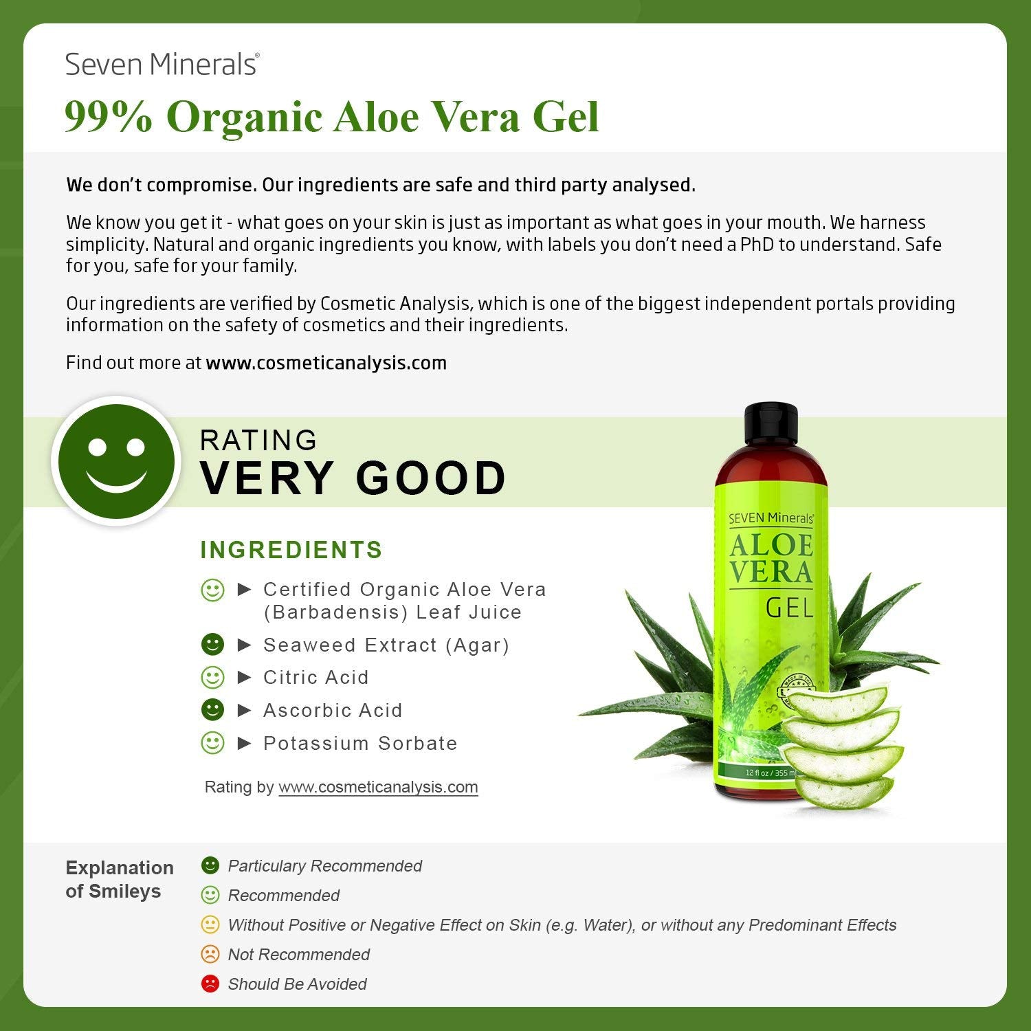 Seven Minerals 12 fluid ounce aloe vera gel bottle side profile