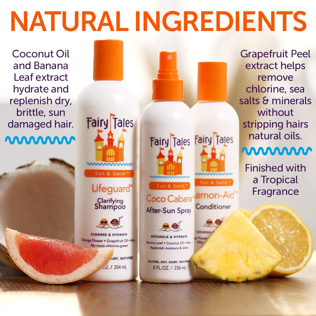 Side profile of Fairy Tales Sun And Swim lifeguard clarifying shampoo bottle