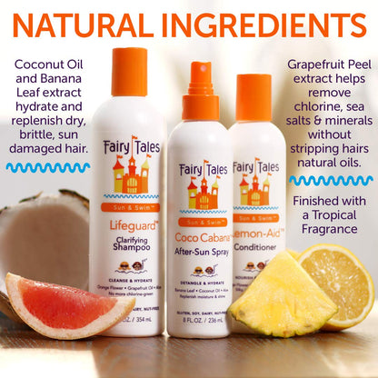 Side profile of Fairy Tales Sun And Swim lifeguard clarifying shampoo bottle