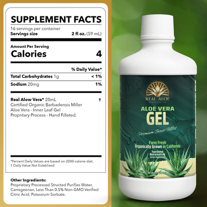 Back view of Real Aloe 32 fluid ounce dietary supplement