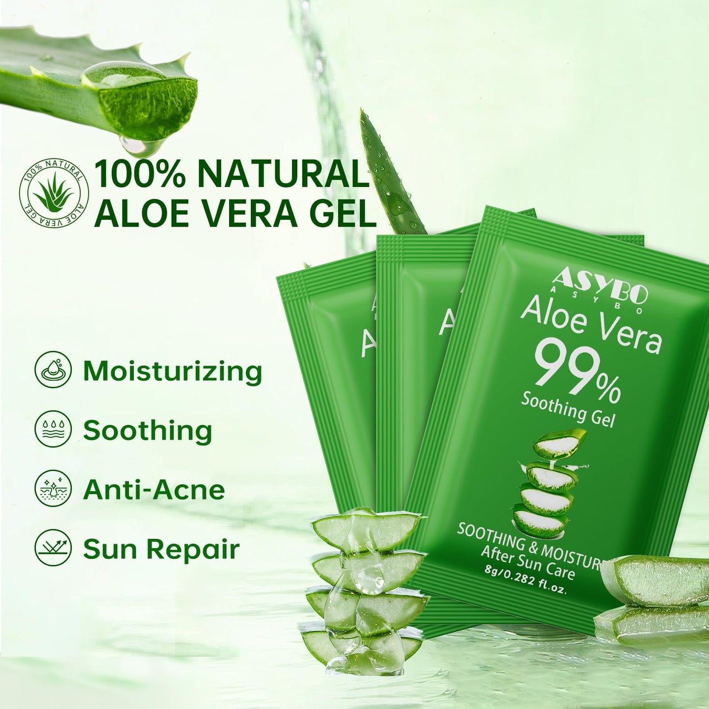 Individual travel size aloe vera gel packets in hand