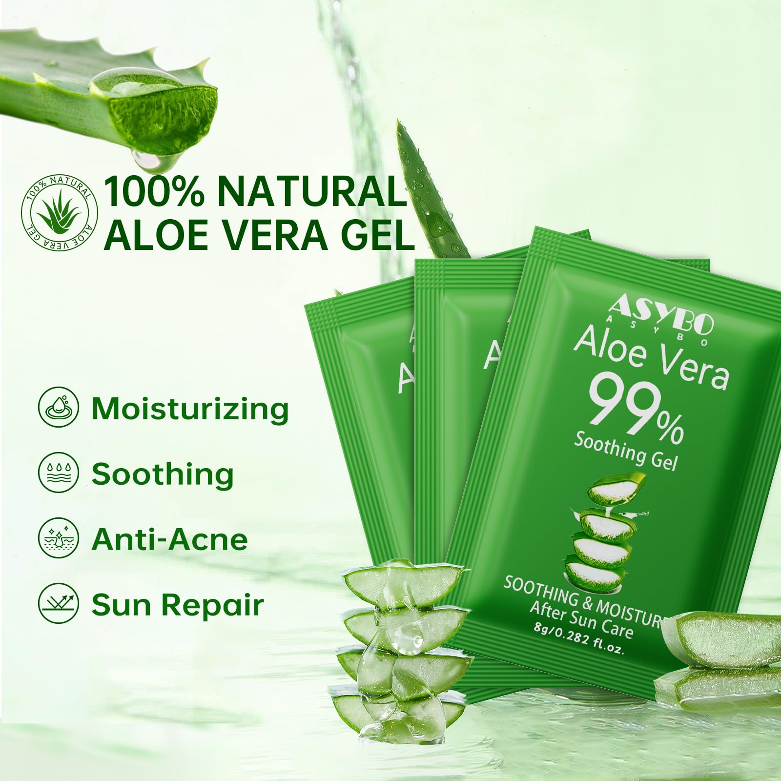 Individual travel size aloe vera gel packets in hand