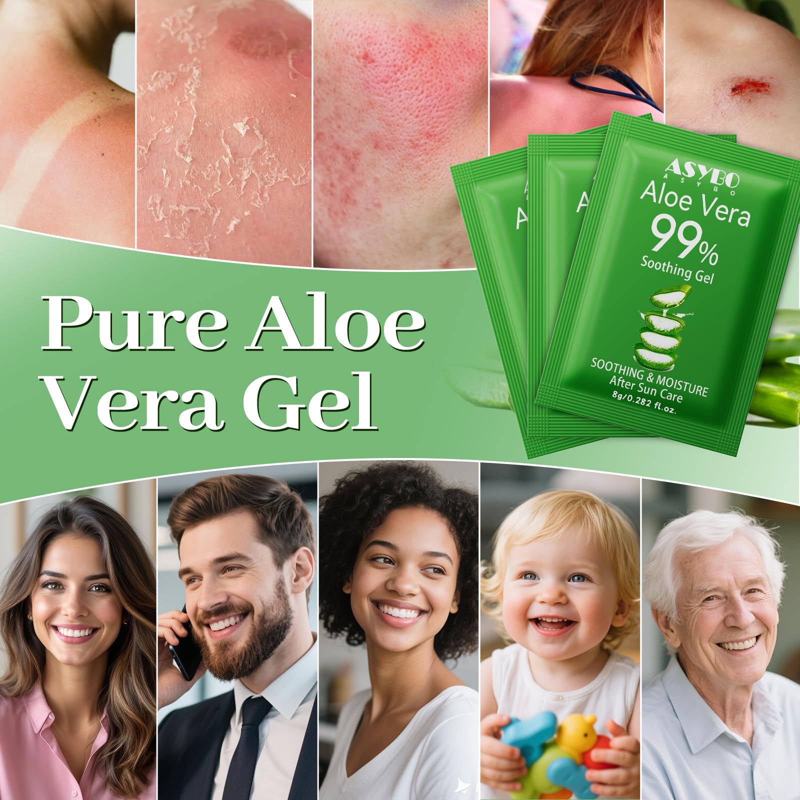 Close up of Asybo aloe vera gel packaging and quantity