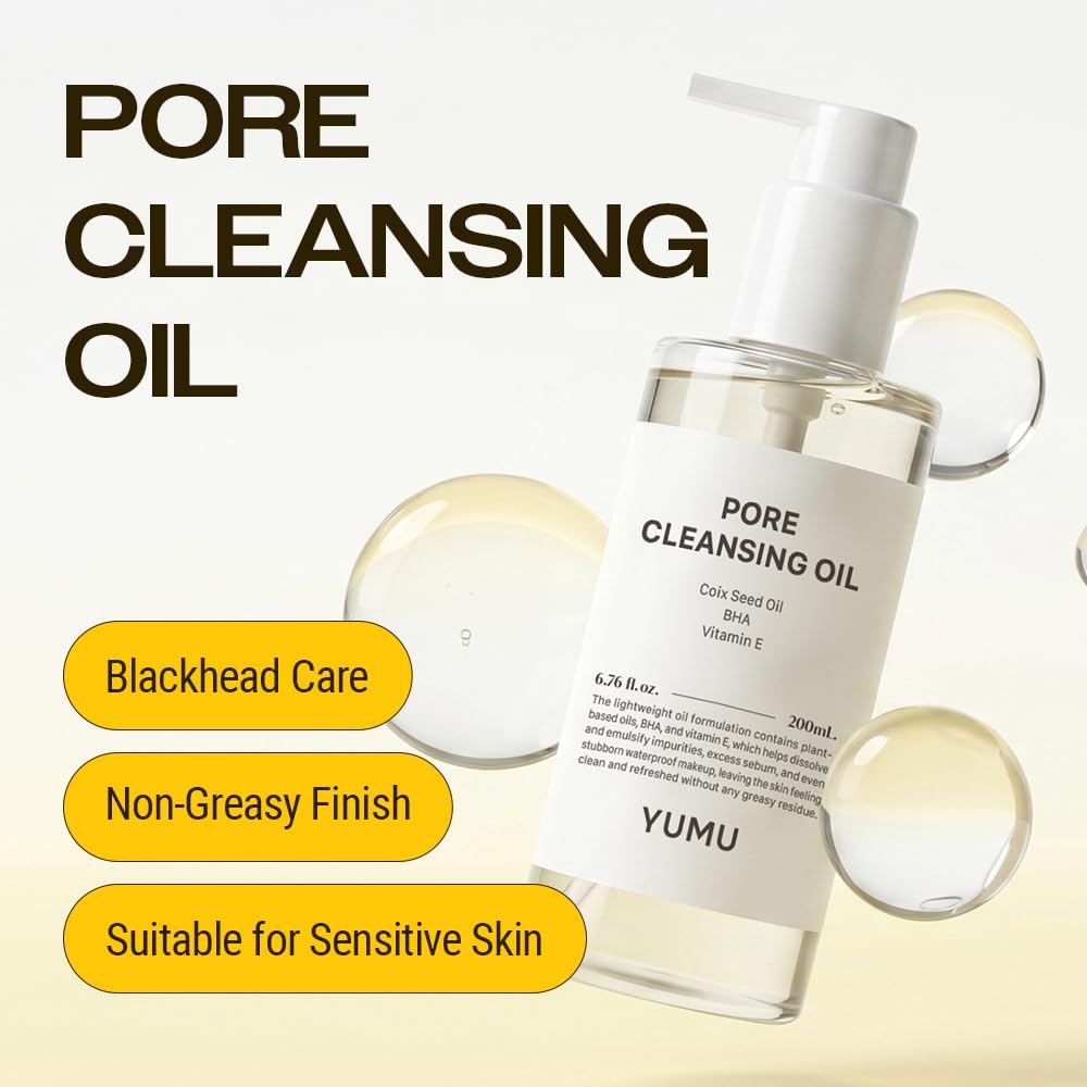 Yumu cleansing oil 200 milliliters bottle showing Vitamin E and BHA benefits