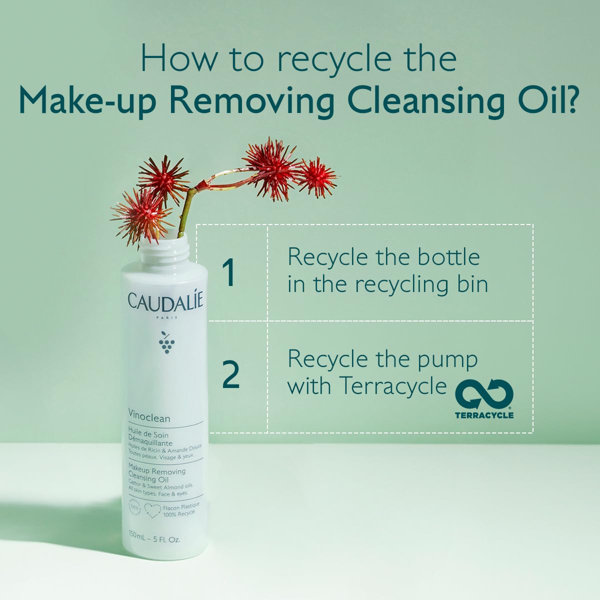 Caudalie cleansing oil bottle resting on clean surface