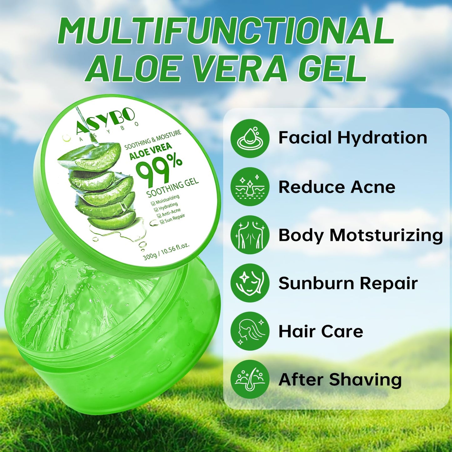 Close up of Asybo 300ml aloe vera gel packaging