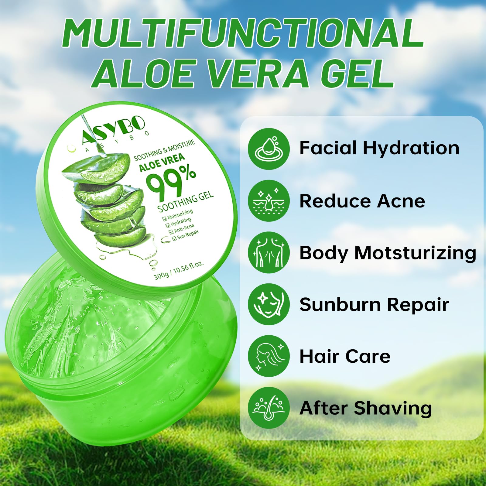 Close up of Asybo 300ml aloe vera gel packaging