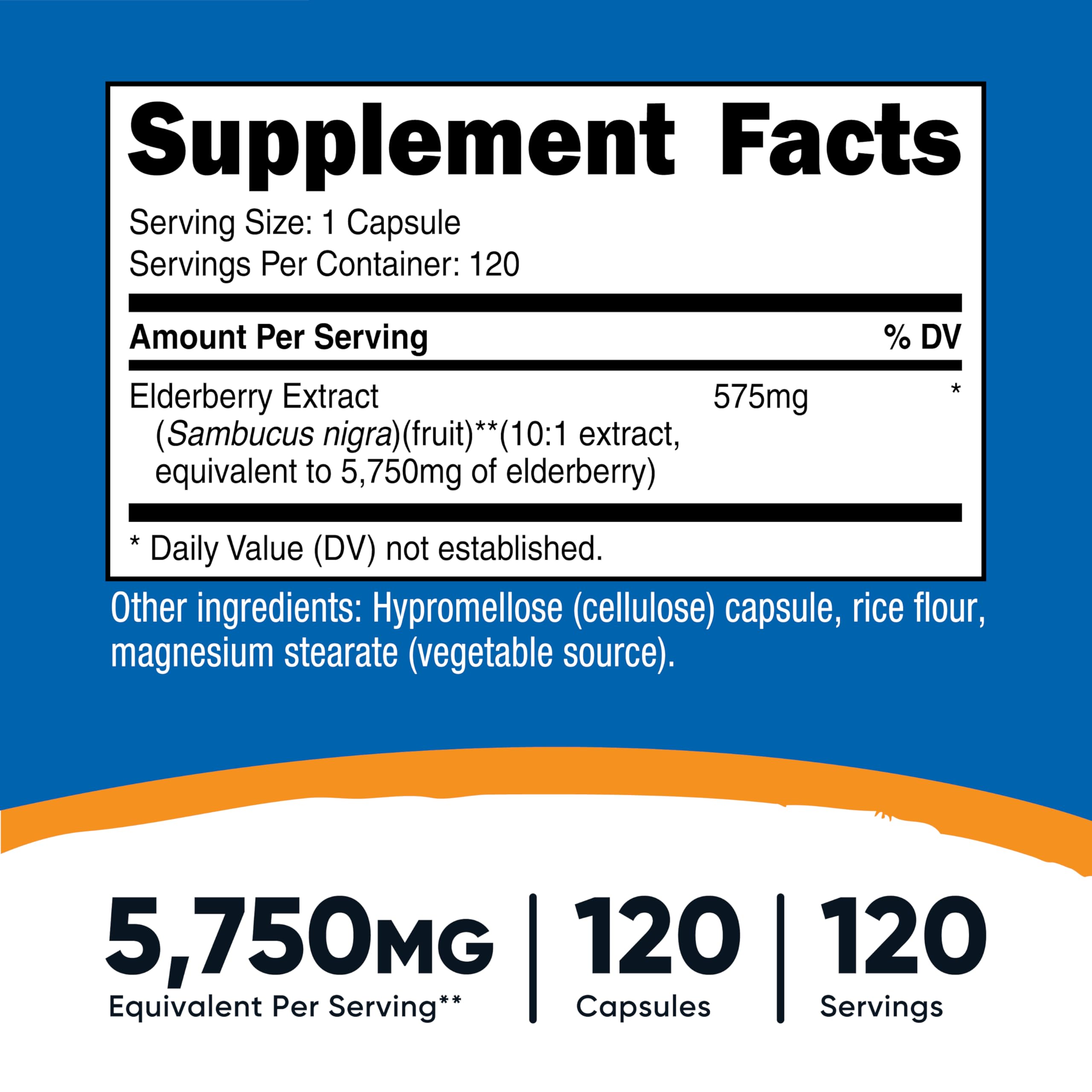 Supplement facts and clean ingredients label on the back of the Nutricost Elderberry packaging.
