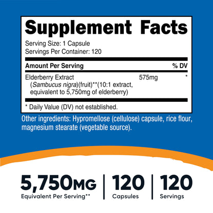 Supplement facts and clean ingredients label on the back of the Nutricost Elderberry packaging.