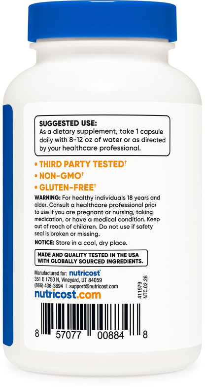 Gluten free and vegetarian friendly certified seals on the Nutricost Black Elderberry supplement bottle.