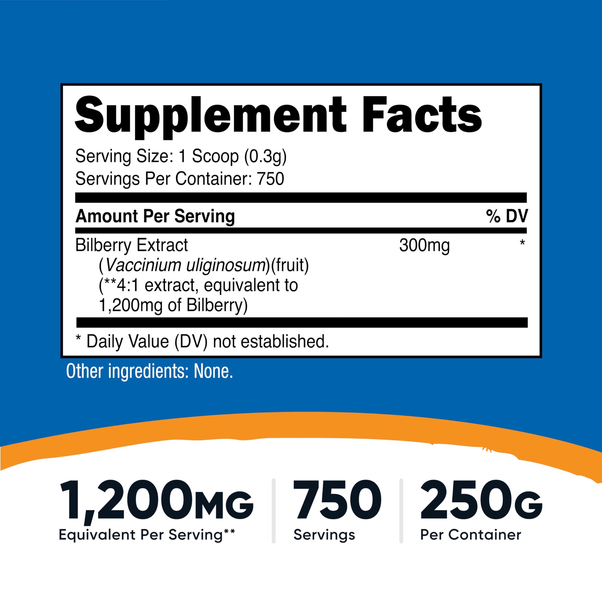 Nutricost unflavored bilberry powder supplement packaging showing 1200 milligram equivalent dosage