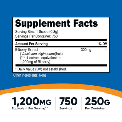Nutricost unflavored bilberry powder supplement packaging showing 1200 milligram equivalent dosage