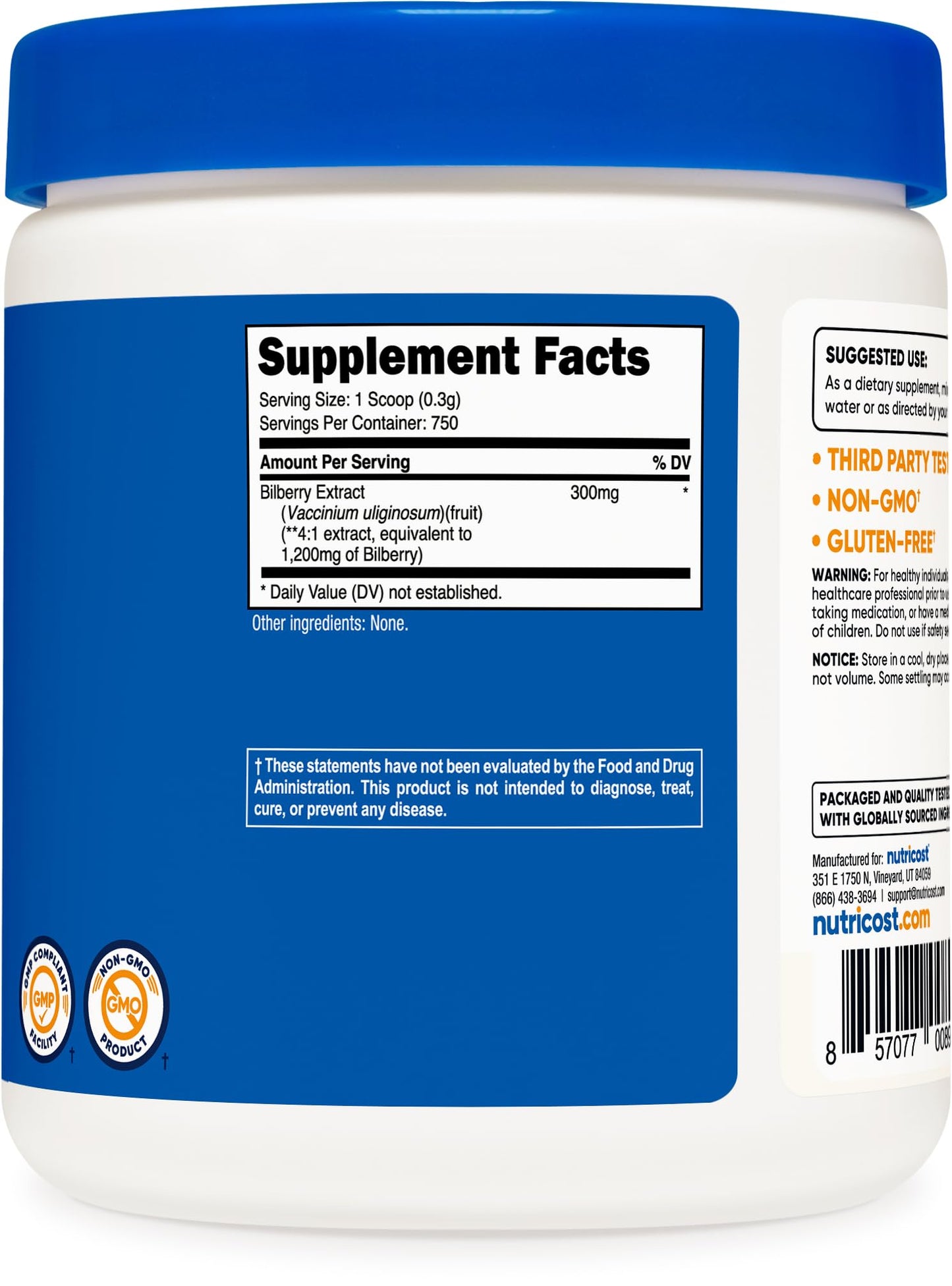Back label of Nutricost bilberry powder 250 grams container displaying supplement facts and usage