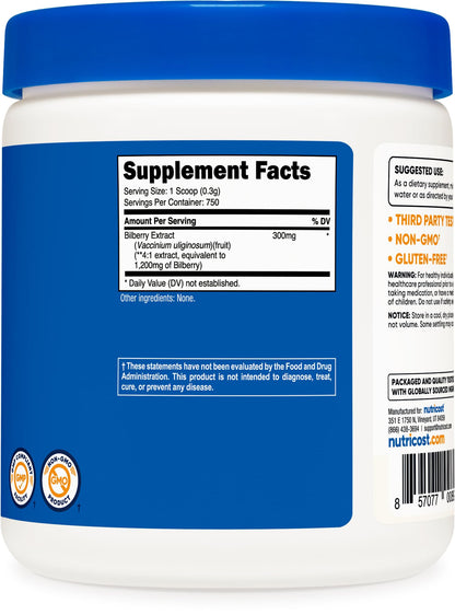 Back label of Nutricost bilberry powder 250 grams container displaying supplement facts and usage