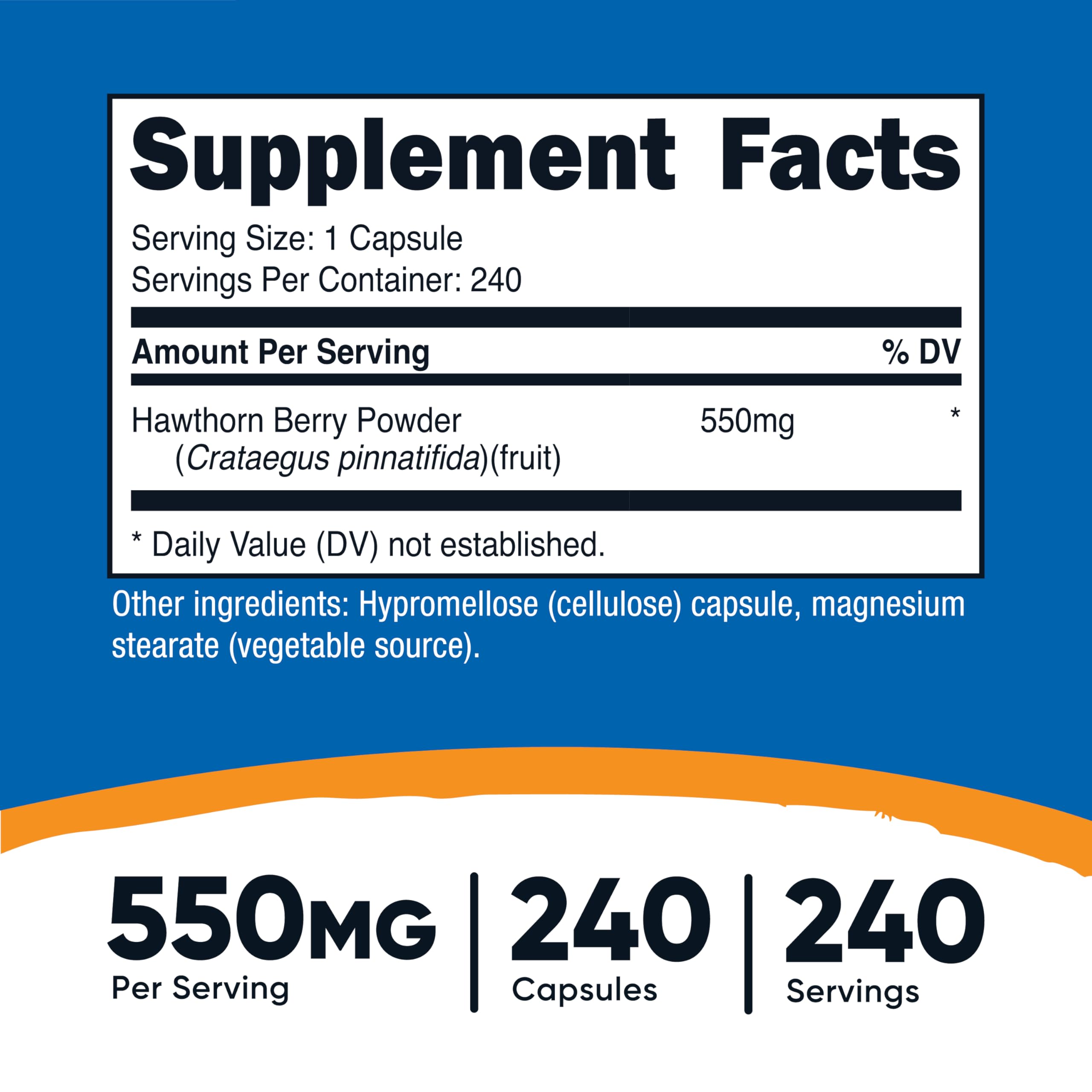 Nutricost Hawthorn Berry dietary supplement back label showing 550mg serving size and supplement facts