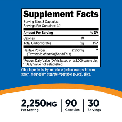 Nutricost Haritaki dietary supplement nutritional facts label