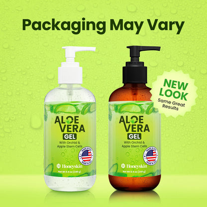Side profile of 8 Fluid Ounce Honeyskin aloe vera bottle